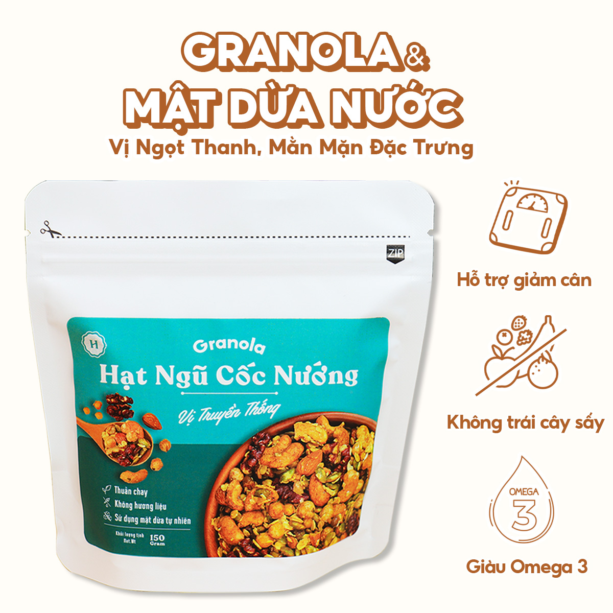 Granola nướng giòn tan - Vị truyền thống túi 150g - Dùng mật dừa nước, 0 trái cây sấy, GI thấp - Hạt ngũ cốc giảm cân - HeydayCacao