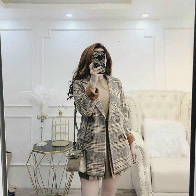 (Sẵn + Ảnh Thật) Áo dạ tweed nữ kẻ dáng dài cao cấp