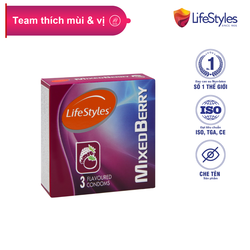 Bao cao su LifeStyles Mixed Berry Hương dâu cao cấp tăng khoái cảm 3 bao