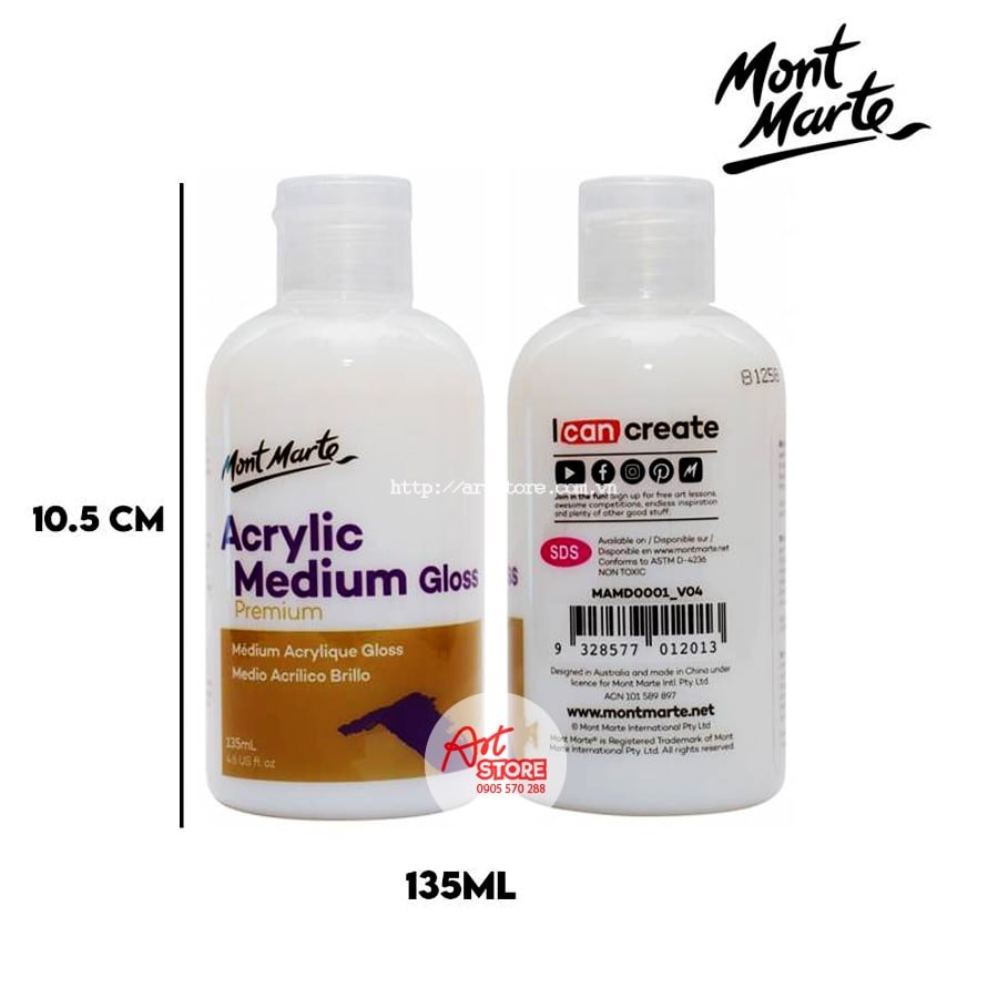 Dung Môi Pha Màu Acrylic Medium Gloss Mont Marte, Phủ Bóng 135ml-250ml