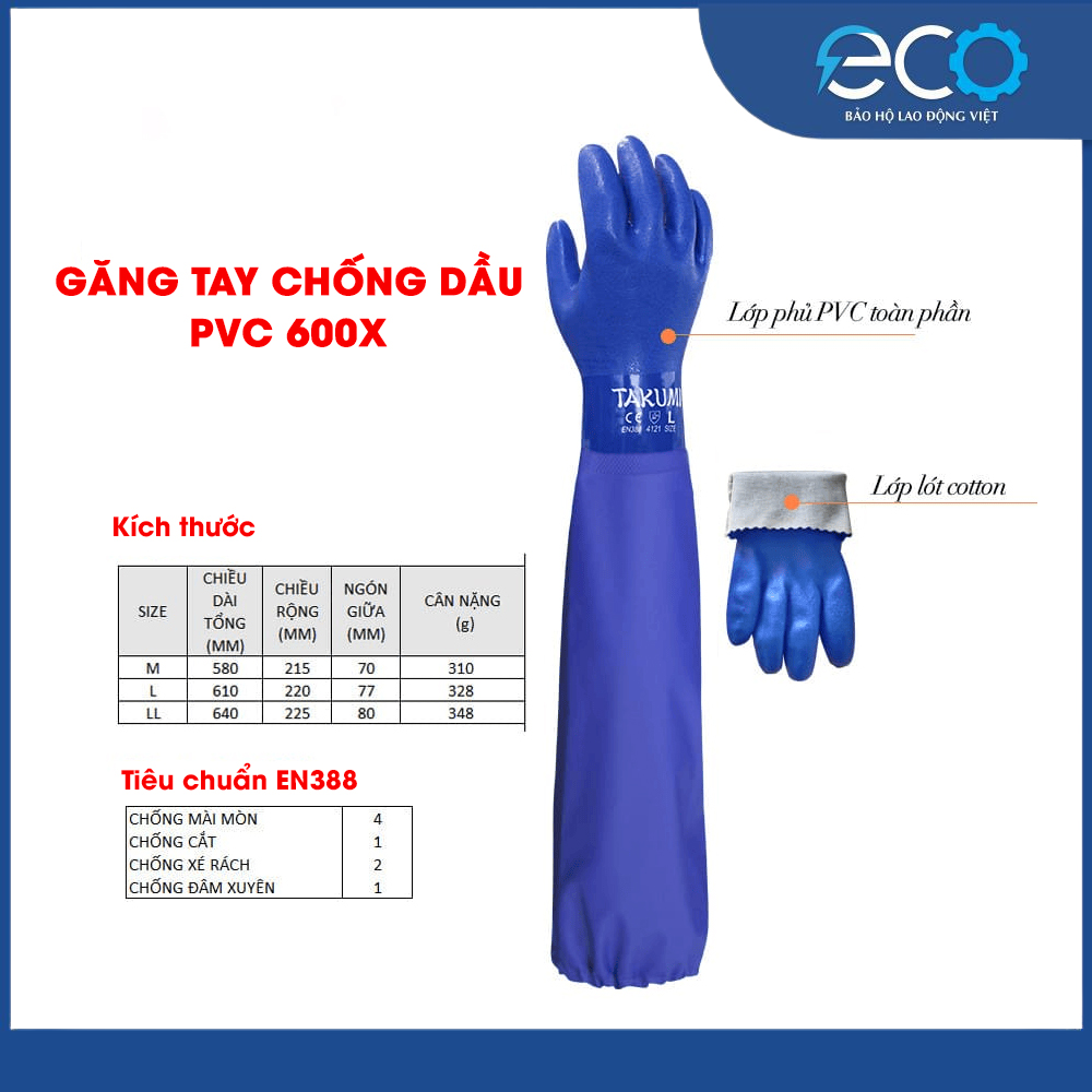Găng Tay Chống Dầu Takumi PVC-600X Chính Hãng – Chống Dầu Nhớt, Chống Trơn Trượt, Lót Cotton Êm Tay
