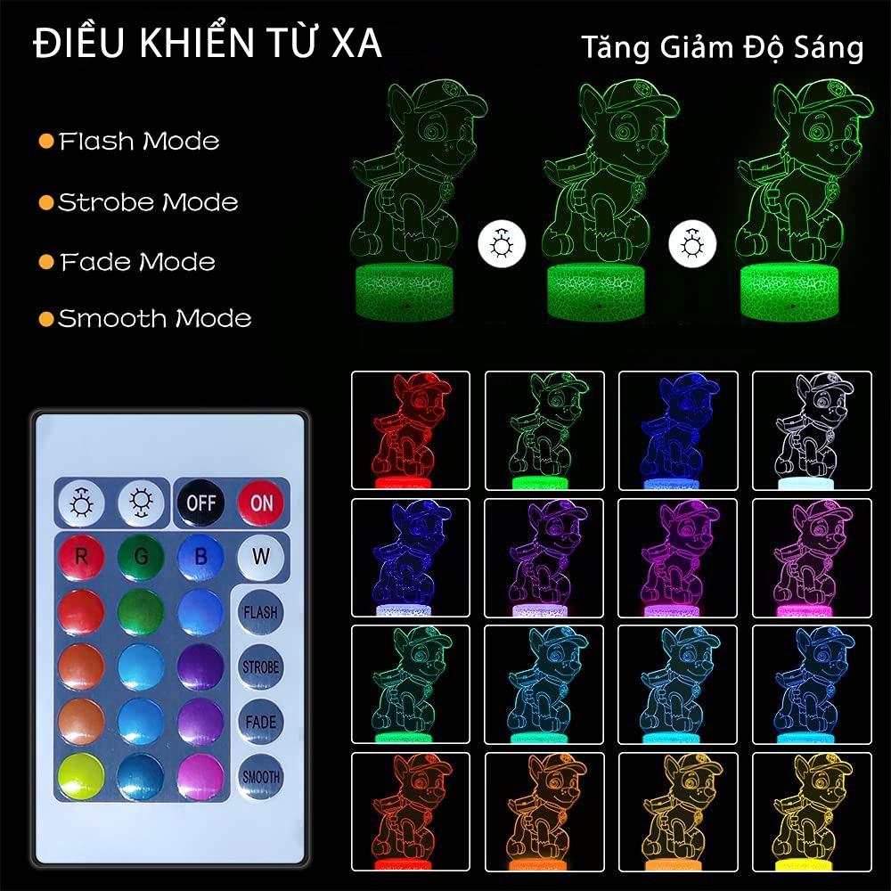 Đèn Ngủ Led 3D Khắc Hình PAW PATROL Quà Tặng Trang Trí cảm ứng có Điều khiển từ xa nháy sáng 16 màu