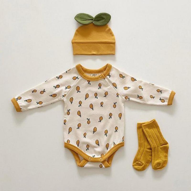 Sơ Sinh Bé Gái Bé Trai Bodysuit Cotton Mùa Thu Chanh In Jumpsuit Tay Dài Bodysuit Cho Bé Có Mũ 2 Bộ Quần Áo Cho Bé trang Phục