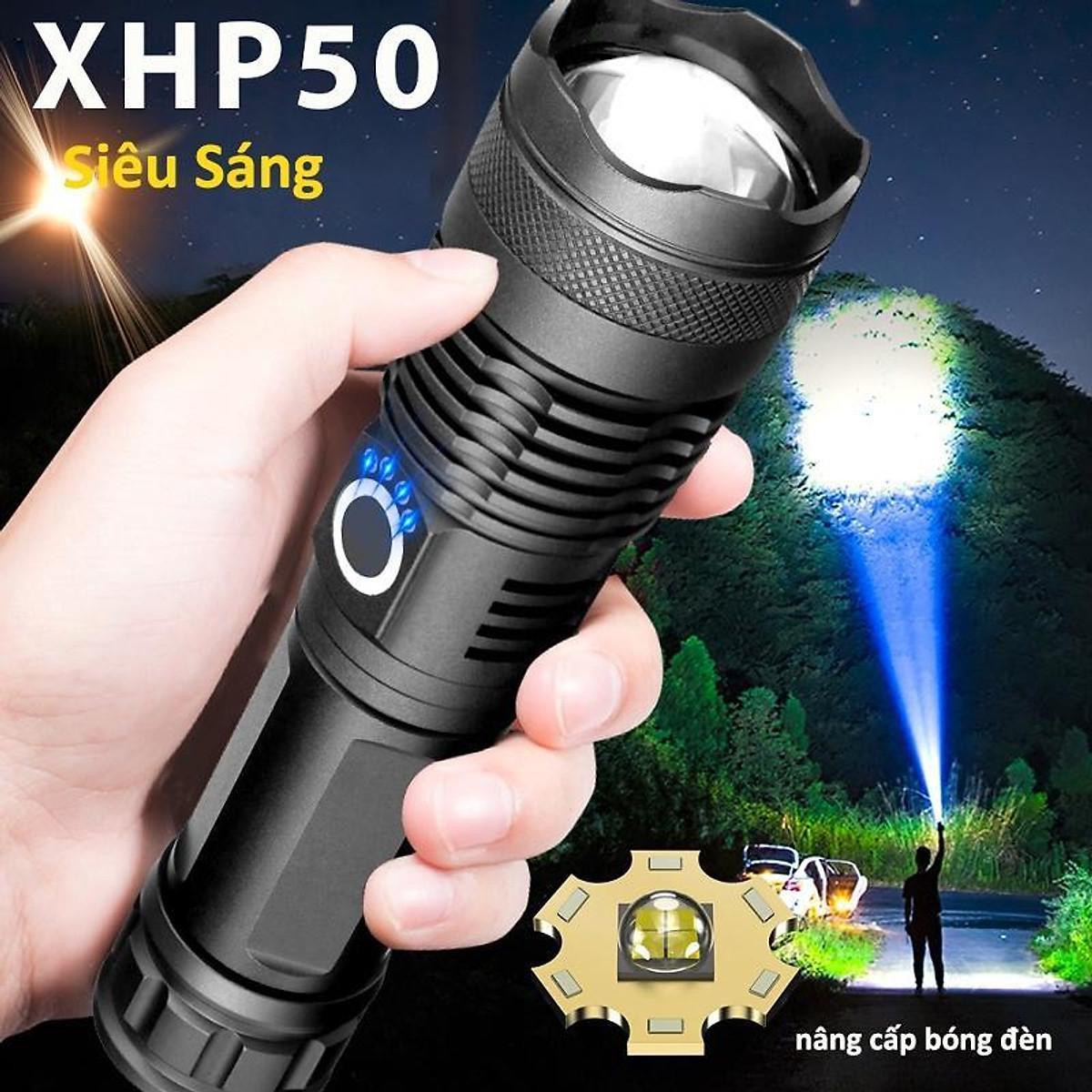 Đèn pin siêu sáng XHP50 bản cao cấp đèn led chiếu xa chống nước, chiếu xa 300m, sạc pin tiện lợi Độ sáng 1800 lumens