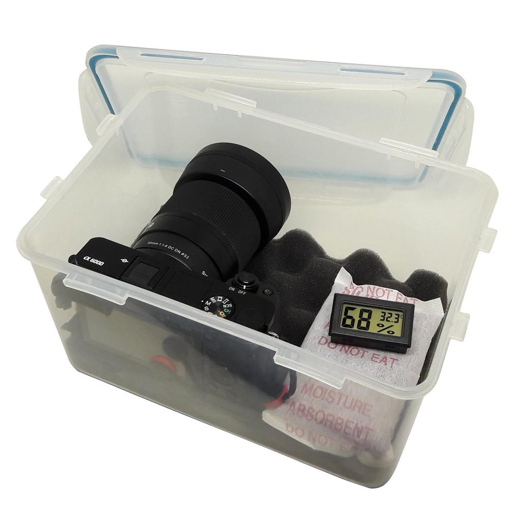 Combo Hộp chống ẩm 4 lít + ẩm kế + 200g hạt hút ẩm xanh (Có tùy chọn máy hút ẩm) cho máy ảnh (tặng mút xốp