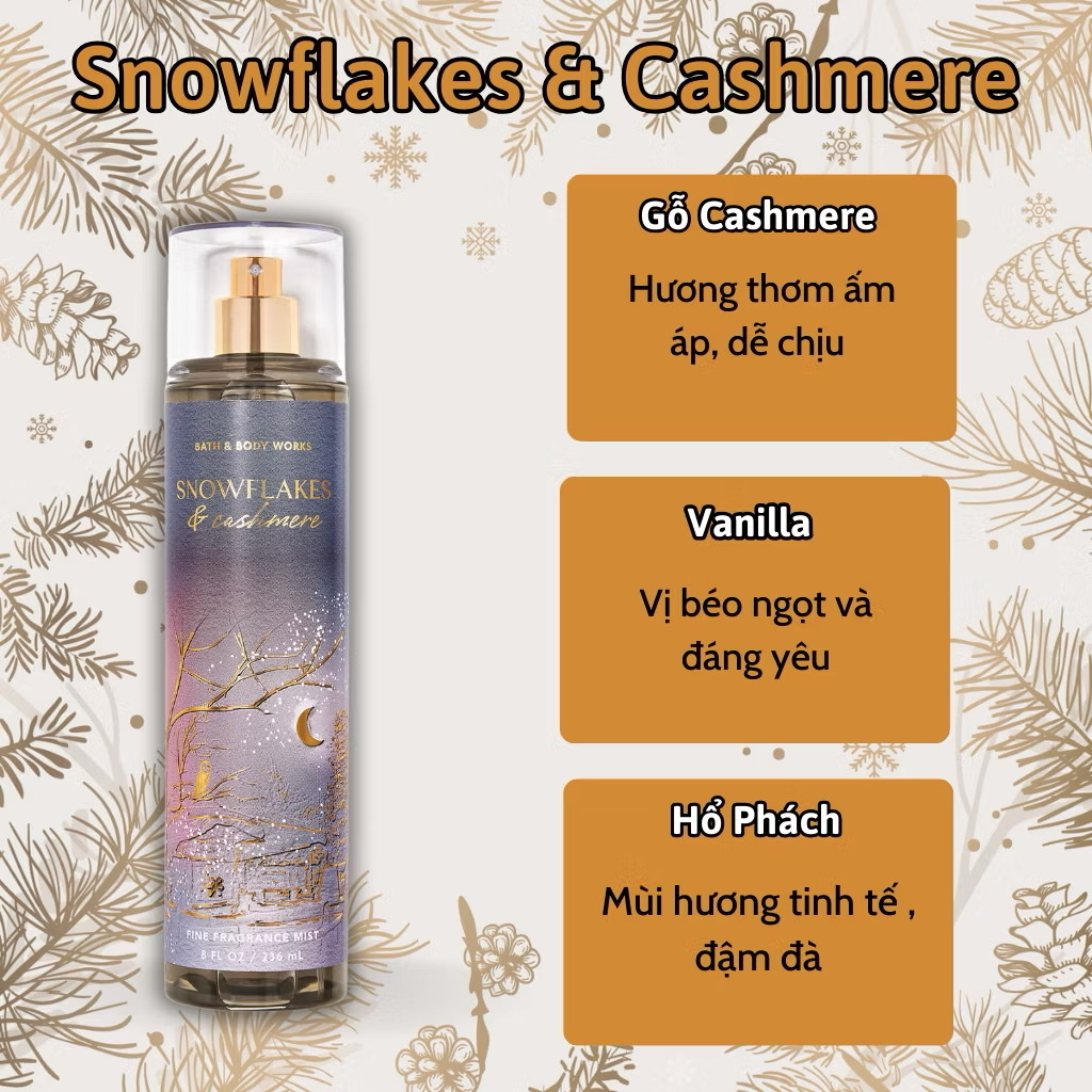 Body Mist Bath And Body Works Nam Nữ Chính Hãng Snowflakes &amp; Cashmere, Xịt Thơm Body Toàn Thân Hương Nước Hoa 236ml