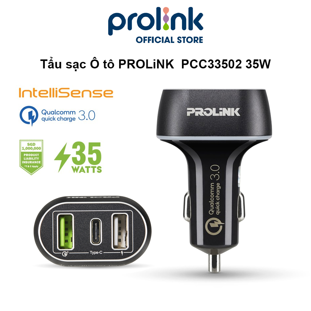 Tẩu sạc Ô tô PROLiNK  PCC33502 35W 3 cổng USB Type A, sạc siêu nhanh QC 3.0, dùng cho iPhone, Samsung, Xiaomi - Hàng chính hãng