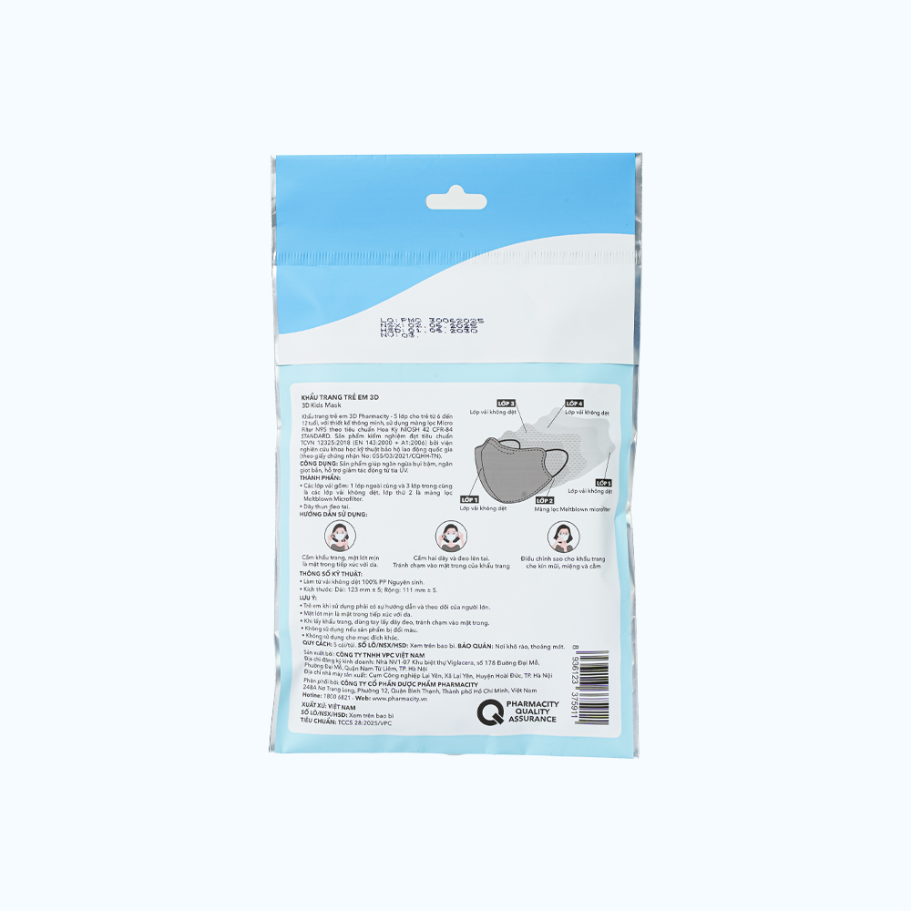Khẩu trang 3D trẻ em 6-12 tuổi Pharmacity (Gói 5 cái)