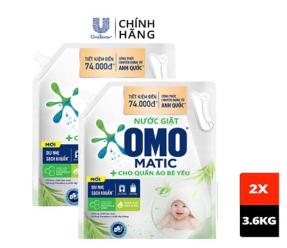 Combo 2 TúI Nước Giặt Omo Matic Cho Quần Áo Bé Yêu Chiết Xuất Tràm Trà Và Nha Đam Dịu Nhẹ, Sạsh Khuẩn , túi 3.6Kg