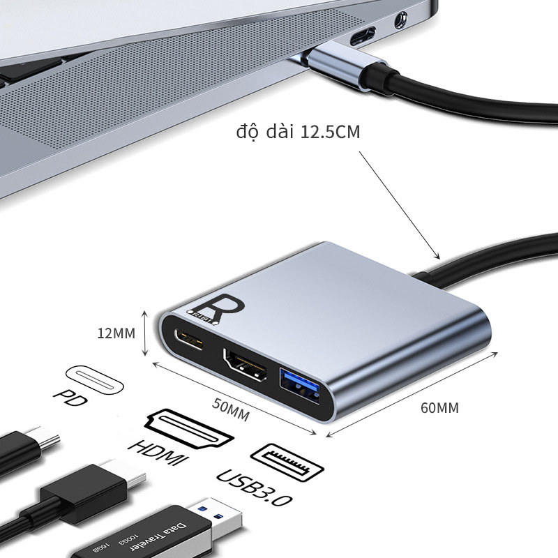 Hub chuyển đổi USB Type-C Sang USB 3.0/HDMI/Type C - Hub chuyển đổi 3in1 RiBi - Hàng Chính Hãng