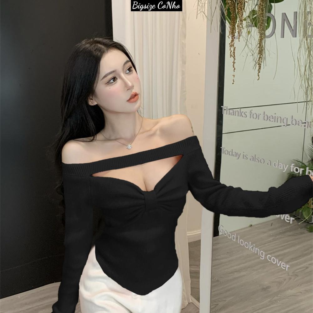 Áo thun gân bigsize nữ tay dài trễ vai kiểu dáng sexy, Áo kiểu big size dài tay BIGSIZE CÔ NHỎ G60 - Màu xanh