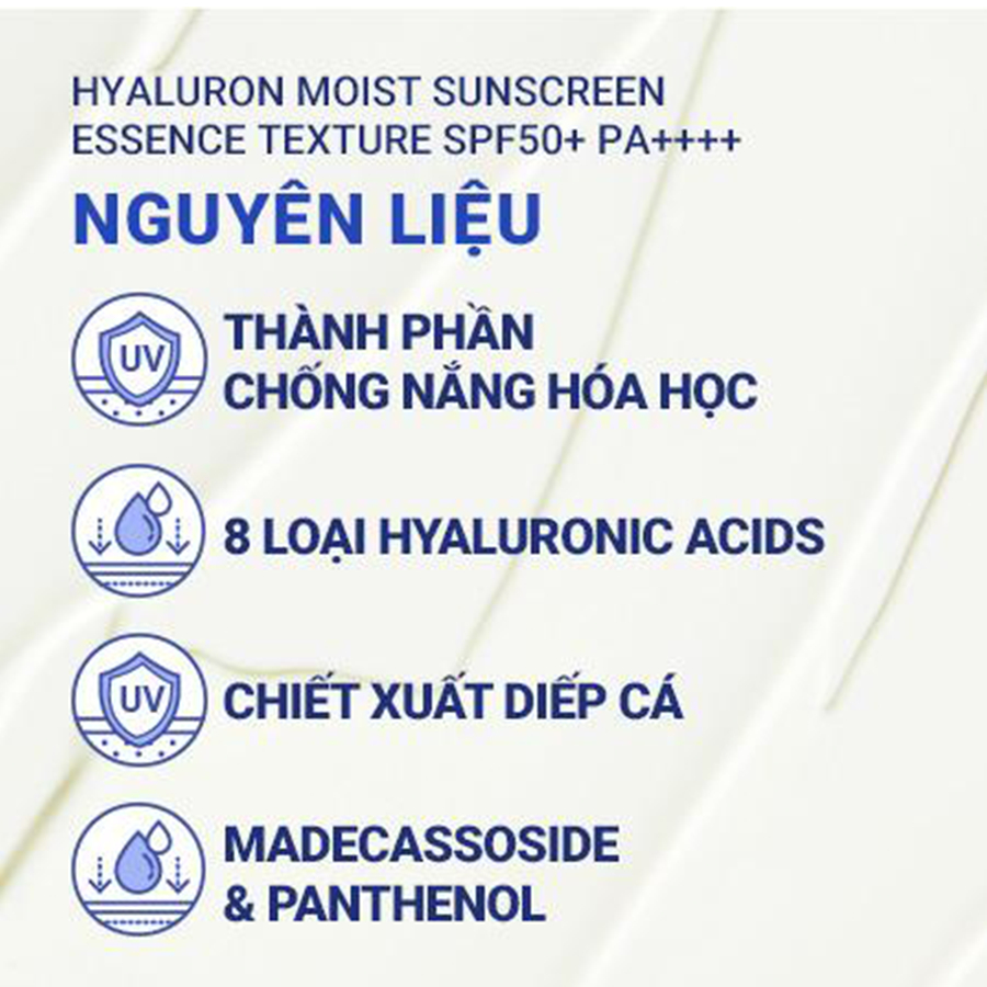 Kem chống nắng dưỡng ẩm & cải thiện nếp nhăn innisfree Hyaluron Moist Sunscreen Essence Texture SPF50+ PA++++ 50 mL