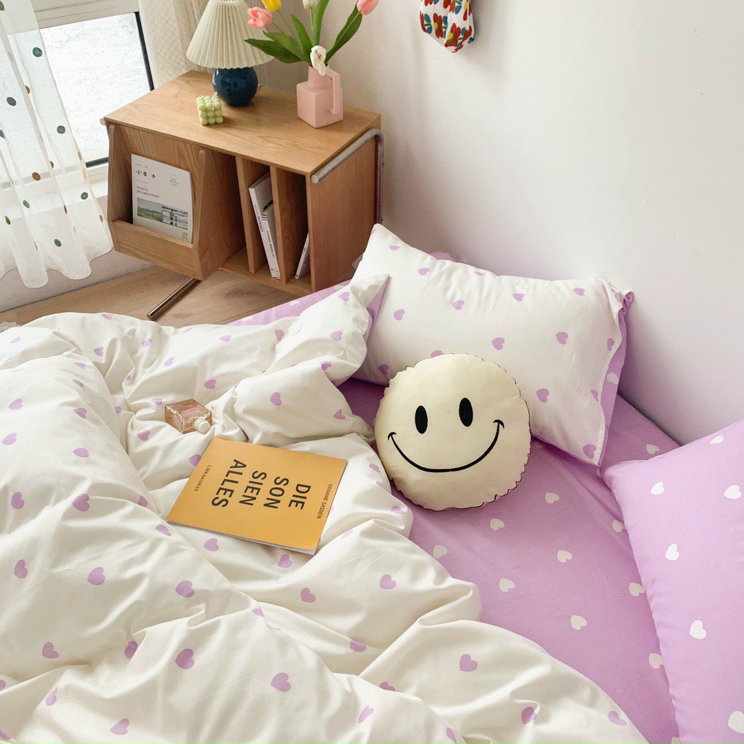 Bộ chăn ga gối 2 mặt cotton LIDACO PL1 - Tim tím trắng SP001451