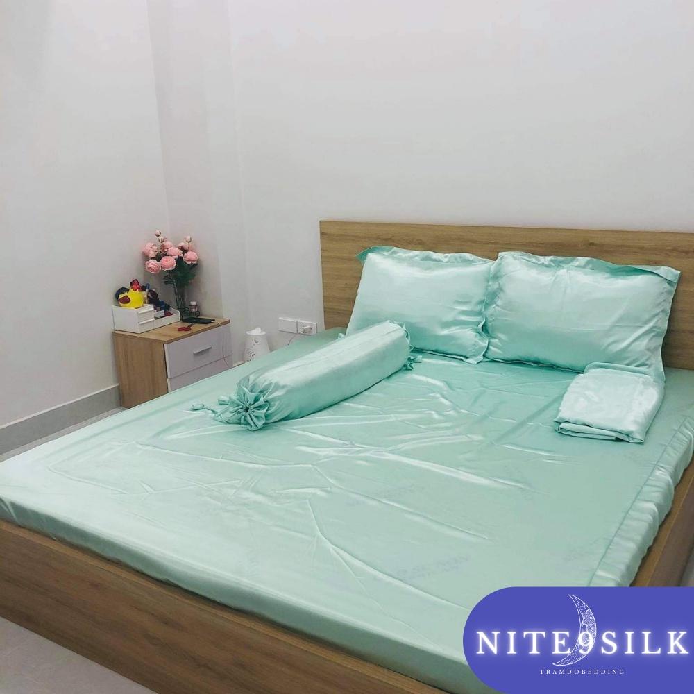 Chăn Ga Giường Lụa Êm Ái Chuẩn 5 Sao - Bộ Chăn Ga Gối Lụa Cao Cấp 5 Món - Màu Xanh Ngọc - Nite9 Silk