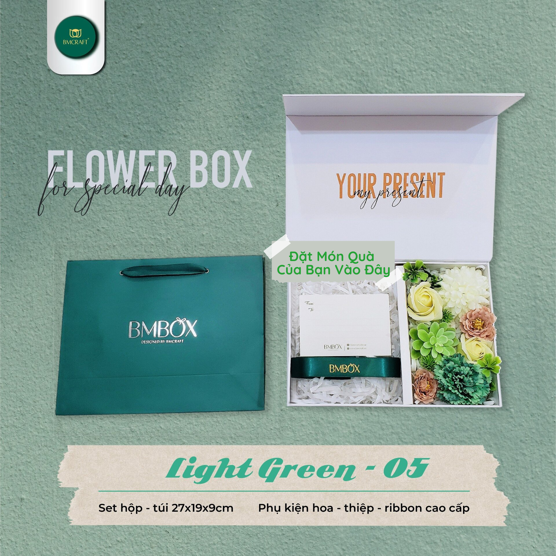 Hộp Quà Tặng Thiết Kế BMBOX HQTTK05 - Tiện Dụng, Phù Hợp Với Nhiều Món Quà - màu xanh lá cây tươi mát, 29x19x9 (cm)