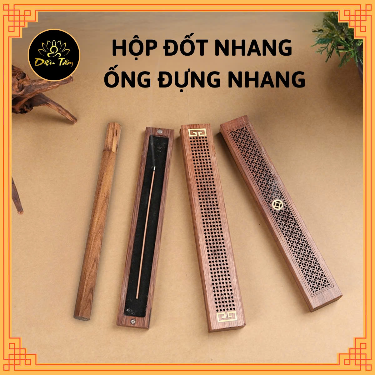 Set Hộp Đốt Nhang Và Ống Gỗ Đựng Nhang Trầm Hương Không Tăm Lư xông nhang trầm hương nhang que bằng gỗ hương kèm túi