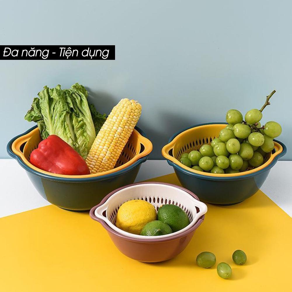 Set rổ nhựa 6 món kèm chậu bộ 3 rổ và chậu thau nhựa rửa rau củ đựng hoa quả trái cây 2 lớp hình tròn chất liệu nhựa PP