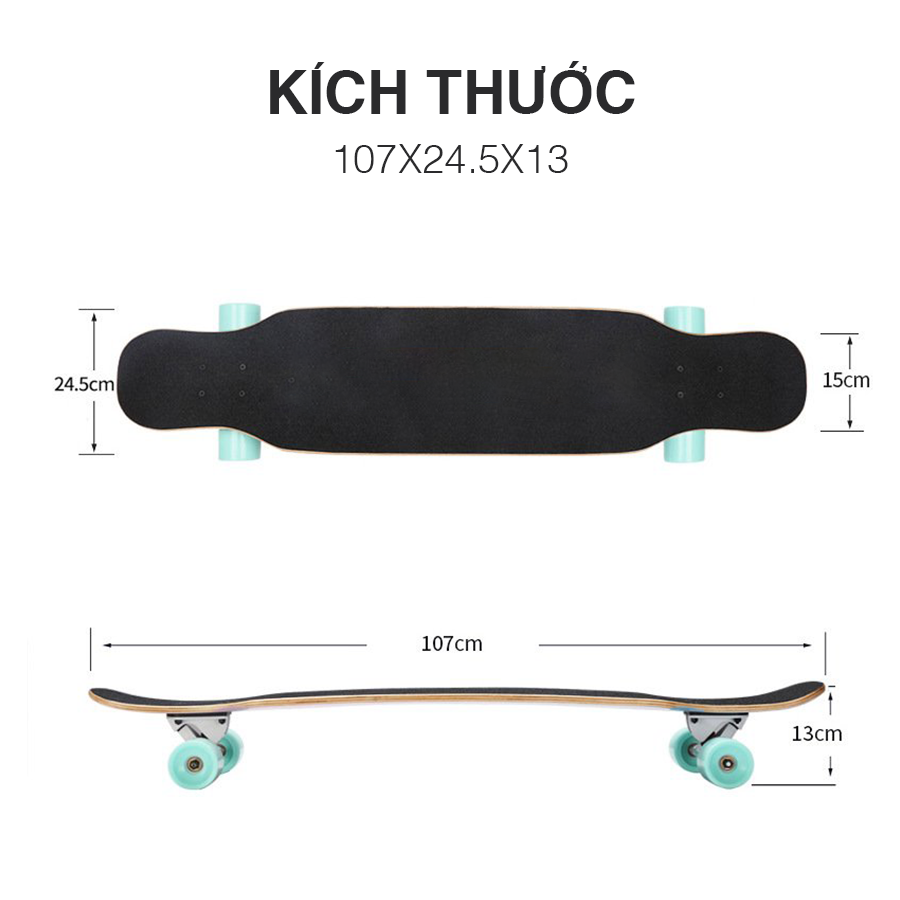 Ván Trượt Skateboard - Ván Trượt Dài Longboard, dancing dành cho Thanh Thiếu Niên Trượt Biểu Diễn, Trượt Đường Dài - Ván Trượt Gỗ 107cm (giao màu ngẫu nhiên)