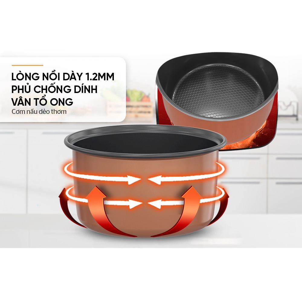 Nồi cơm điện SUNHOUSE SHD8213 chống dính tổ ong siêu bền, cơm ngon, dung tích 1.2L cho 2-4 người - Hàng chính hãng