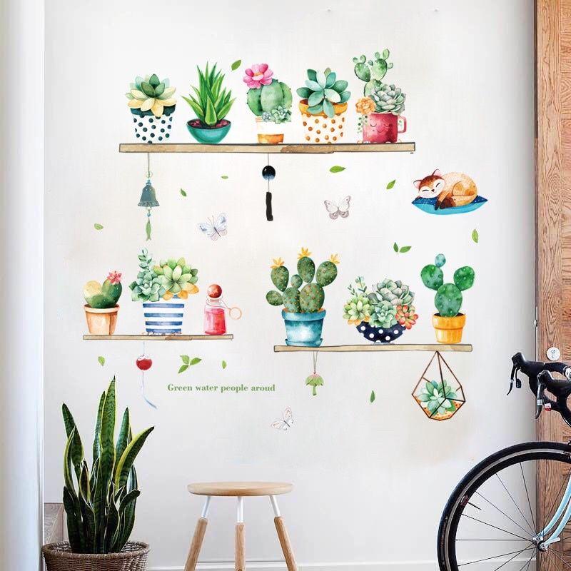 Decal dán tường kệ cây và mèo