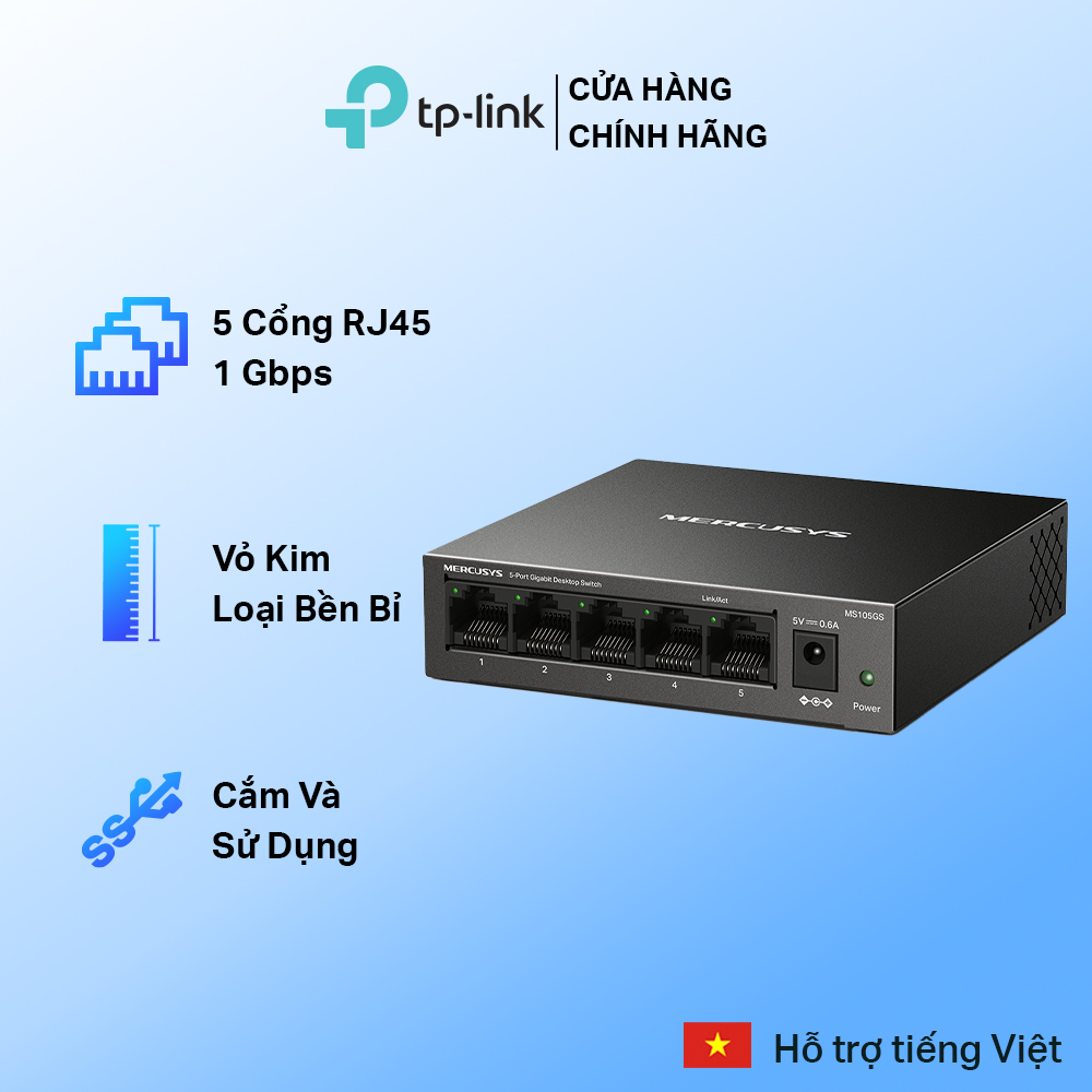Bộ Switch Để Bàn Gigabit Mercusys MS105GS 5 cổng RJ45 10/100/1000 Mbps, Hỗ Trợ Auto-MDI/MDIX - Hàng Chính Hãng