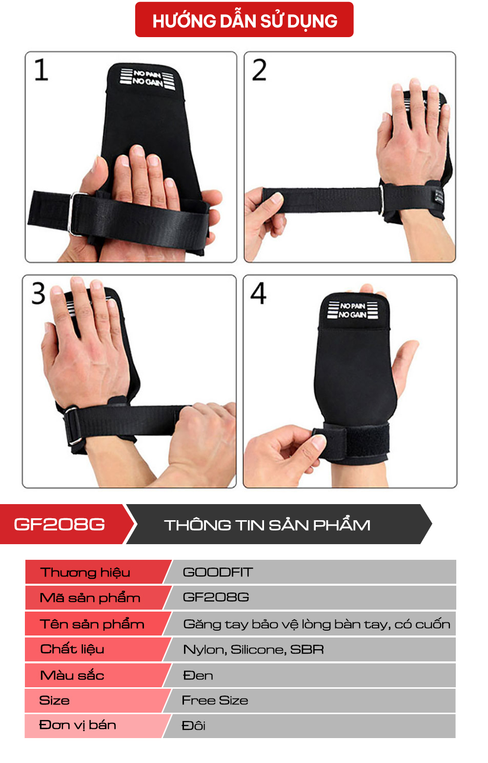 Găng tay tập Gym Lifting bảo vệ lòng bàn tay, có quấn bảo vệ cổ tay GoodFit GF208G