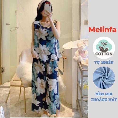 Bộ đồ ngủ nữ mặc nhà vải Cotton lụa tự nhiên thoáng mát mềm mịn, bộ ba lỗ quần dài xuông rộng mã BD0234