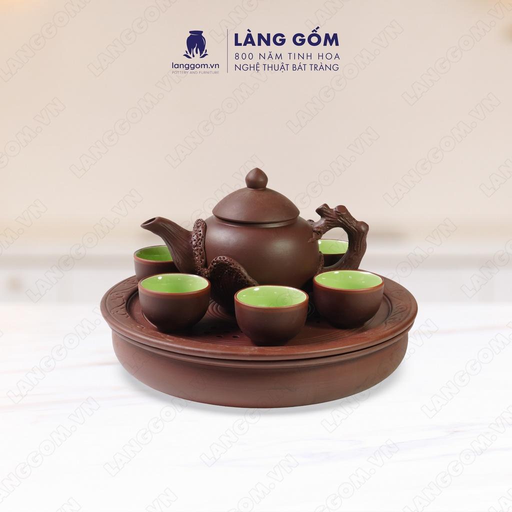 Bộ ấm chén đất nung gốc cây + khay 2 tầng - Men mộc - Gốm sứ Bát Tràng - langgom.vn