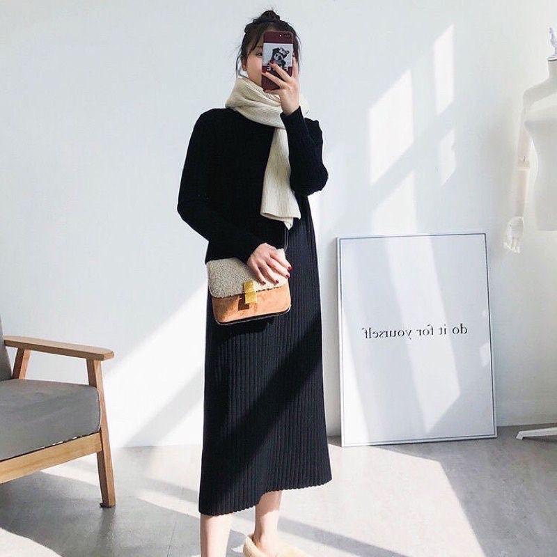 Váy len gân dáng dài quốc dân đen be nâu ko xẻ tà