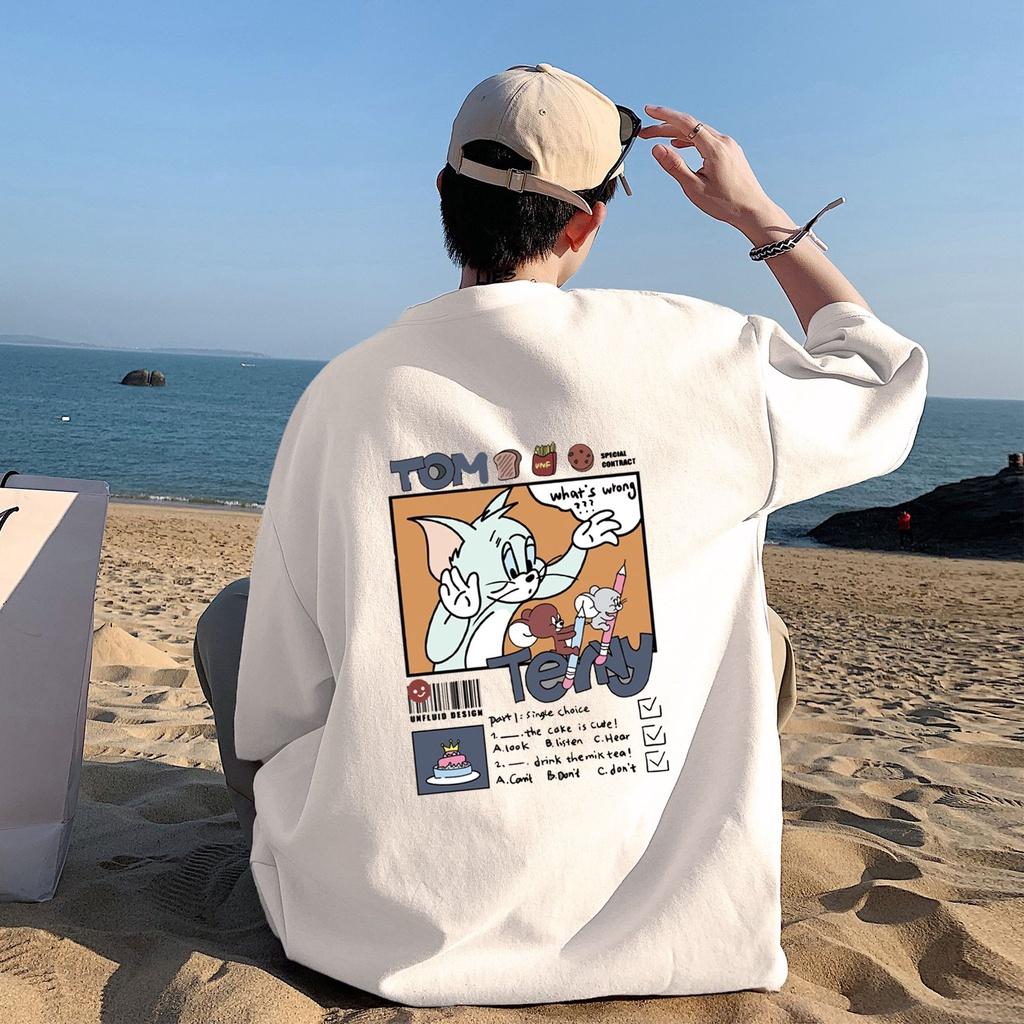 Áo thun tay lỡ nam nữ, áo phông unisex form rộng chất cotton mát mịn thấm hút mồ hôi in hình TOM &amp; JERRY CỰC ĐẸP