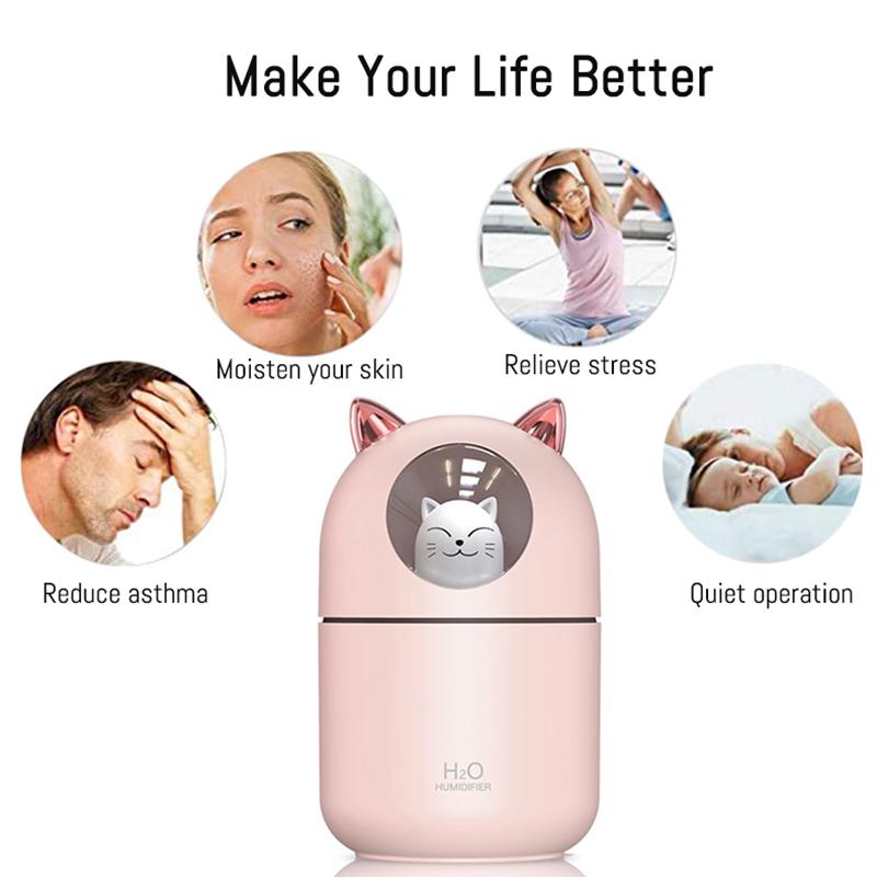 Máy Tạo Độ Ẩm Không Khí 300ML Mèo Siêu Im Lặng USB Văn Phòng Hộ Gia Đình Phòng Ngủ Thơm Ô Tô Máy Lọc Không Khí Phun Sương Tạo Không Khí tươi Hơn