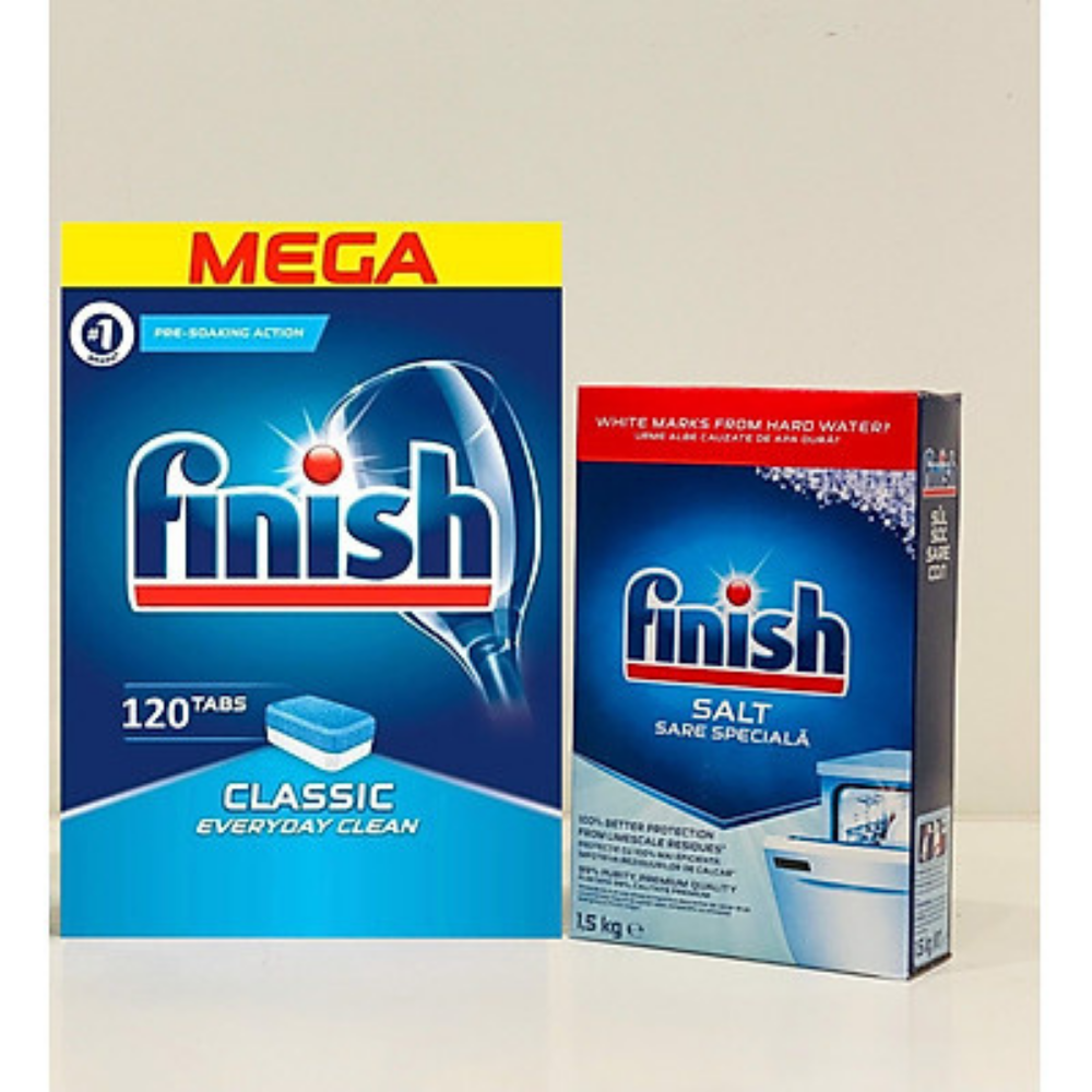 Viên rửa bát Finish 120 viên + Muối Finish 1.5kg dùng cho Máy Rửa Bát Chén