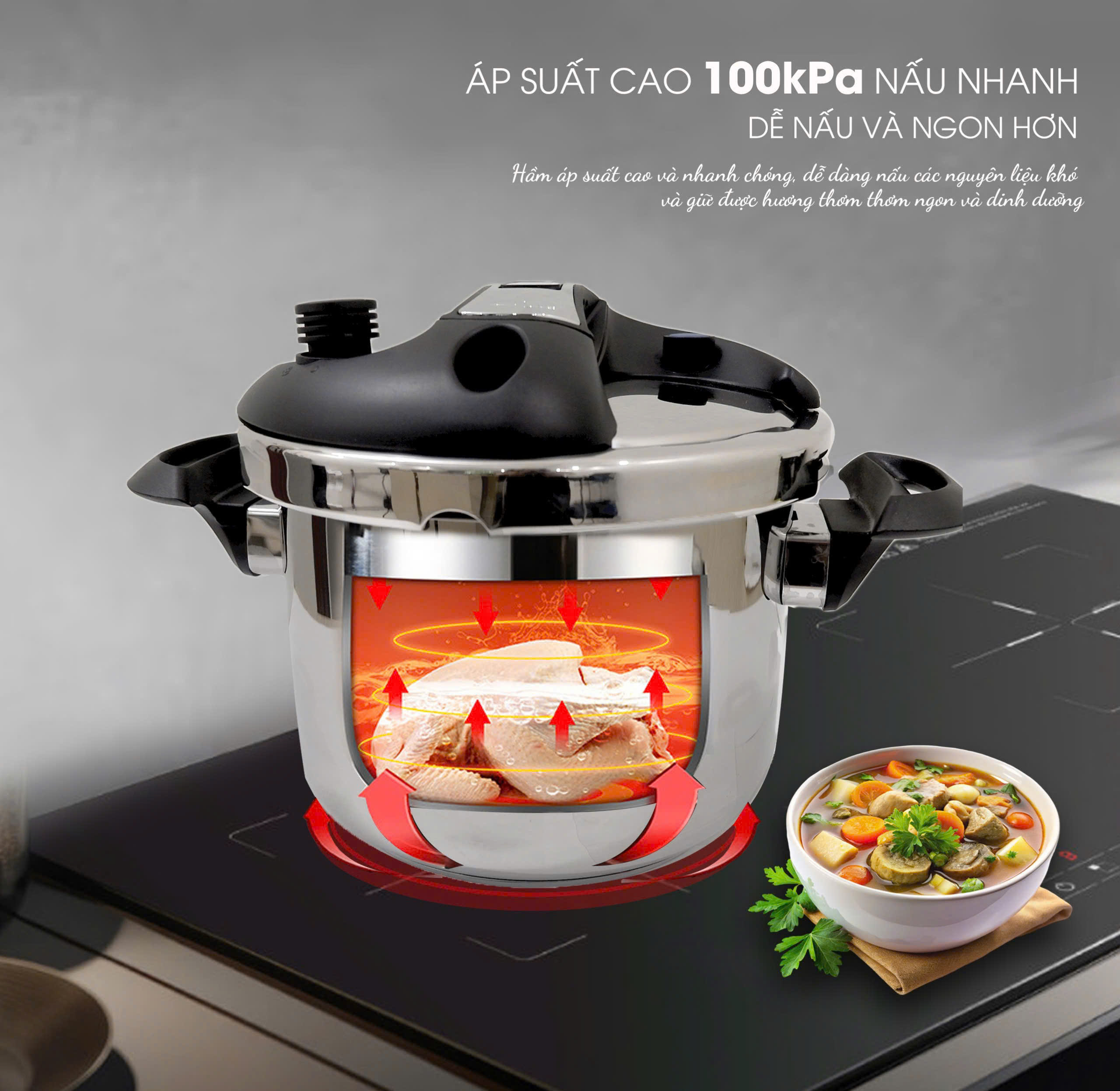 Nồi áp suất từ Seka SK5859 inox 304 dung tích 4L và 6L tặng kèm vung kính, Dùng được mọi loại bếp