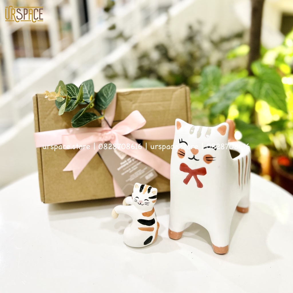Chậu trồng cây mini để bàn URSPACE trang trí decor góc làm việc - PRINCESS Cat Ceramic Plant Pot Planter