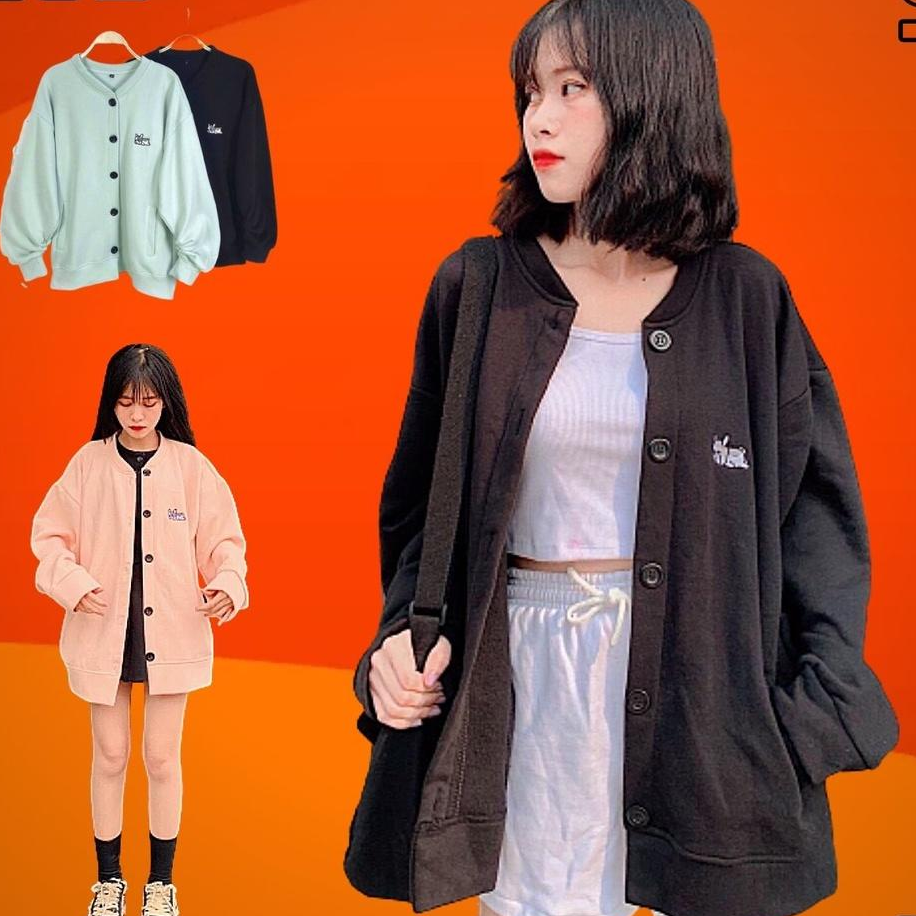 Áo Khoác Cardigan Nỉ Bông Thêu Chó Form Rộng Chất Áo Khoác Nỉ Nữ Cardigan Nữ Cài Nút THÊU CHÓ