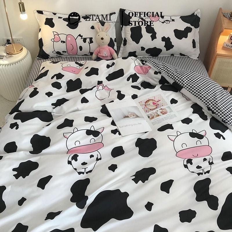 Bộ chăn ga gối đệm cao cấp cotton poly con bò sữa cute miễn phí bo chun drap giường ga trải giường P05