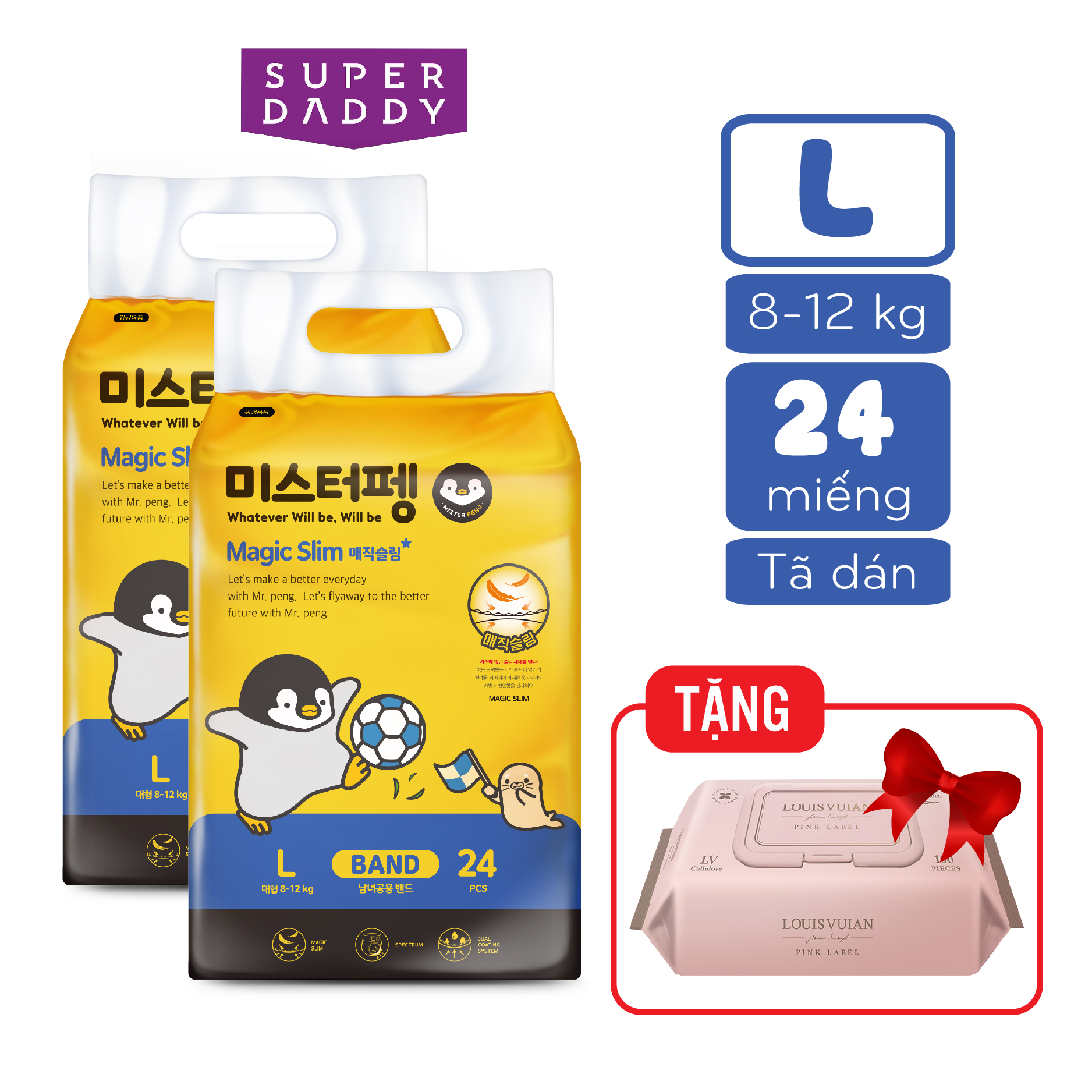 Combo 2 Tã dán Super Daddy Magic Slim Size L 8-12 kg (24 miếng/bịch) DATE 06/2024