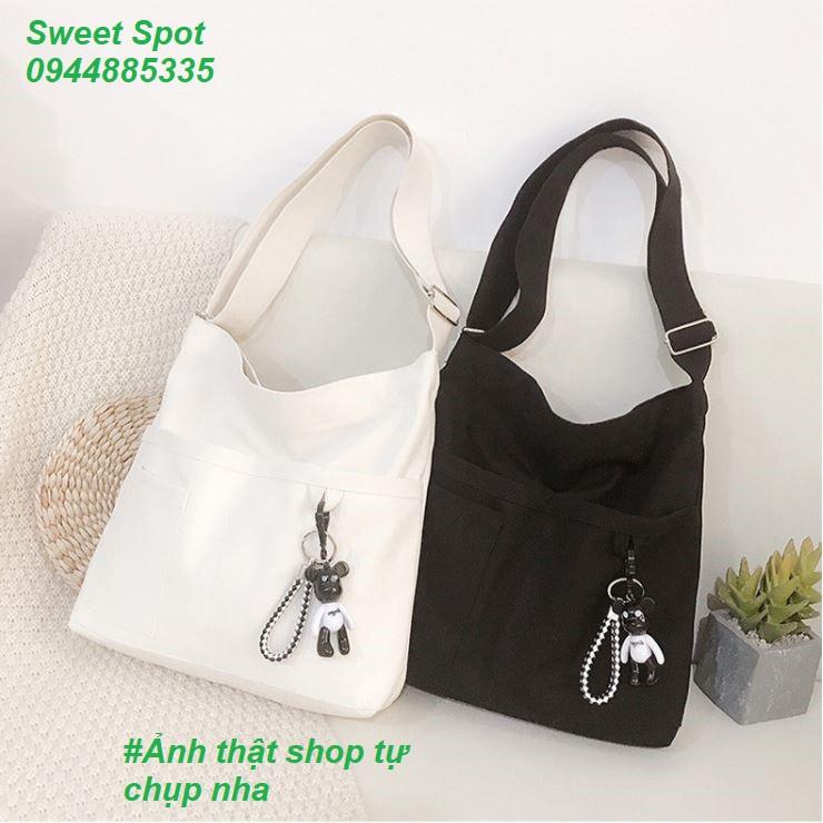 Hình ảnh túi nữ Tote Hàn Quốc vải Canvas dày ngăn chứa lớn kèm bé gấu dễ thương để được sách đồ