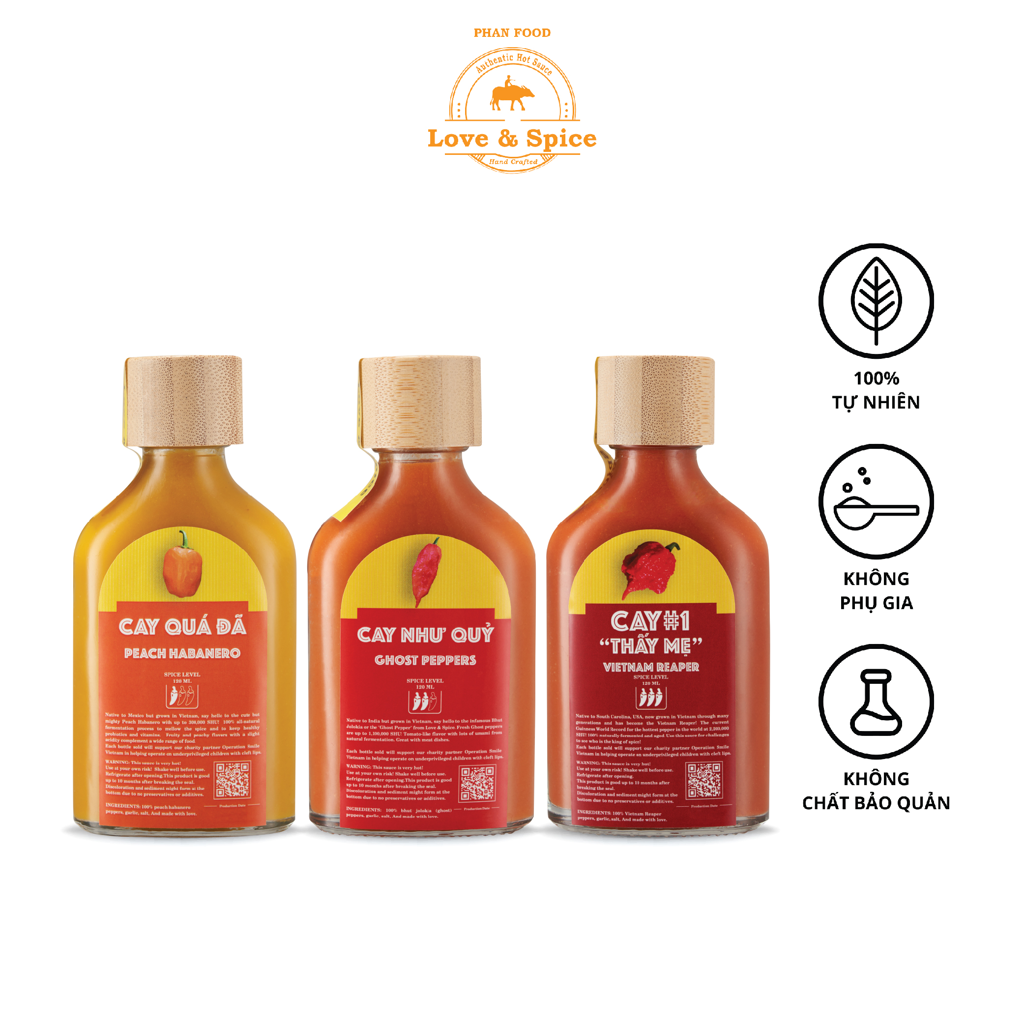 Set 3 chai tương ớt siêu cay Love &amp; Spice ba cấp độ - CAY QUÁ ĐÃ x CAY NHƯ QUỶ x CAY THẤY MẸ chai 120ml x 3