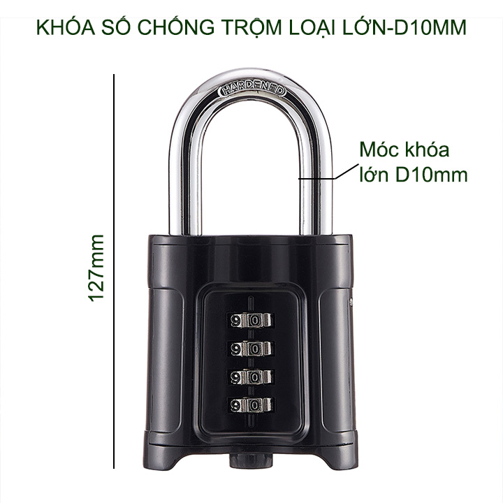 Khóa số loại lớn D10mm chuyên dùng khóa cửa đi, cổng với 4 mã số có thể thay đổi được, vỏ hợp kim kẽm mạ chống gỉ