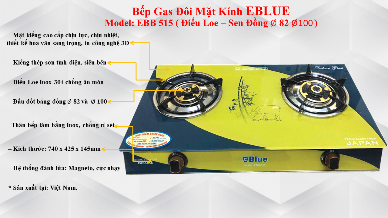 Bếp Gas Đôi Mặt Kính eBlue. (Sen Đồng) EBB515- Hàng Chính Hãng