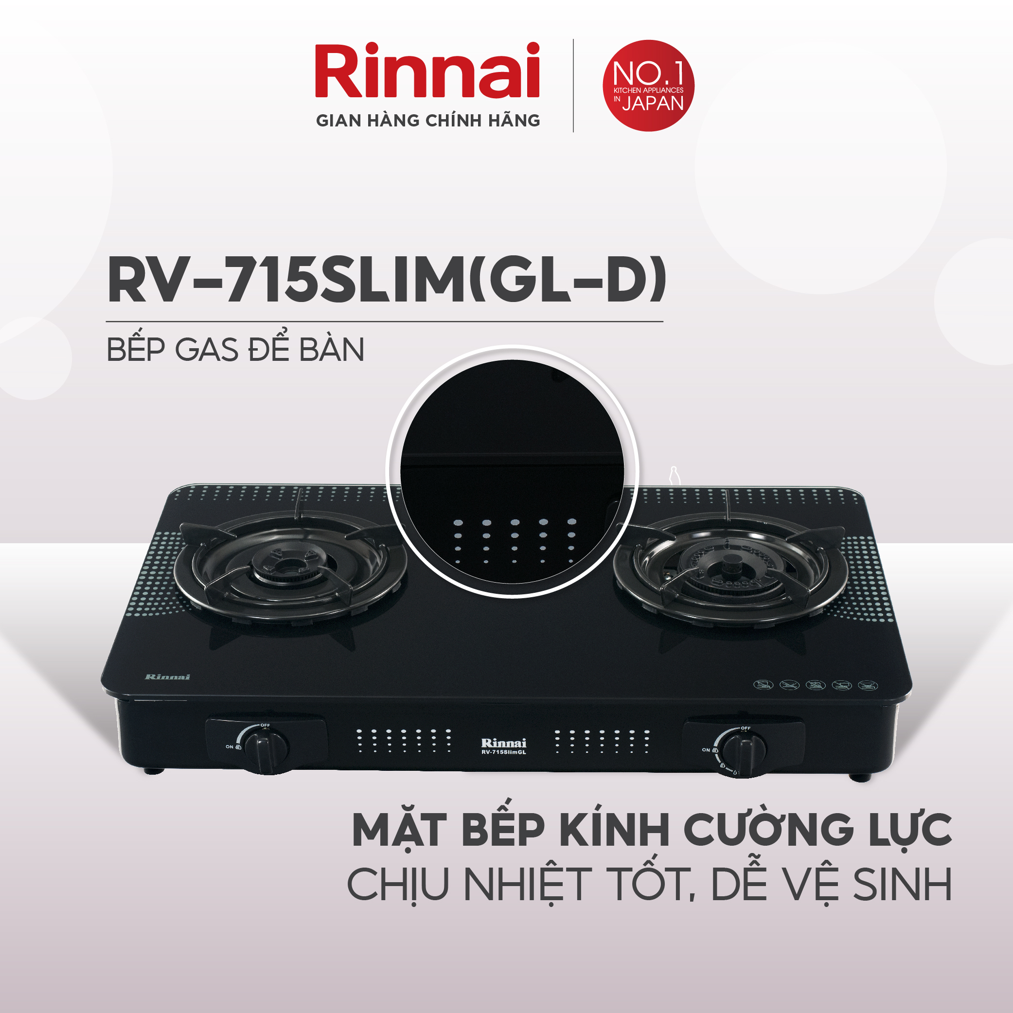 Bếp gas dương Rinnai RV-715Slim mặt bếp kính và kiềng bếp men - Hàng chính hãng.