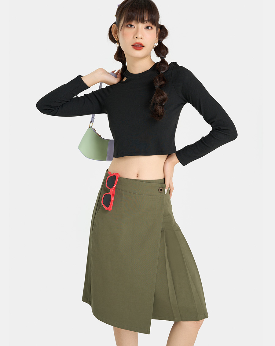 Chân Váy Midi Nữ Thời Trang JUNO Vạt Chéo Xếp Ly JNVLU013