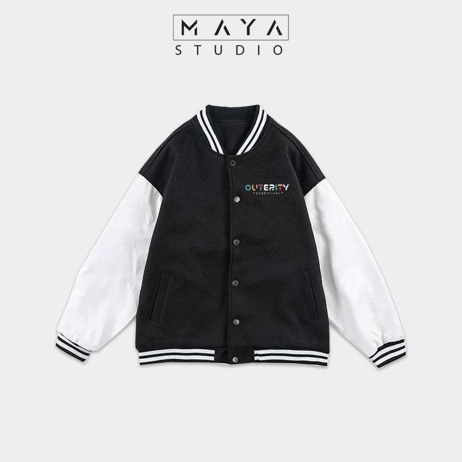 Áo Khoác Bomber MAYA OUTERITY form rộng Unisex nam nữ kiểu Varsity Jacket vải nỉ bông cotton
