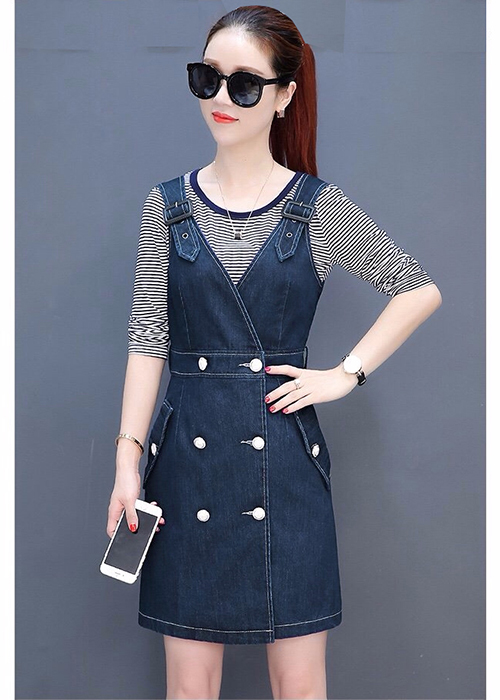Đầm Yếm Jean Nữ Duyên Dáng Phối Nút