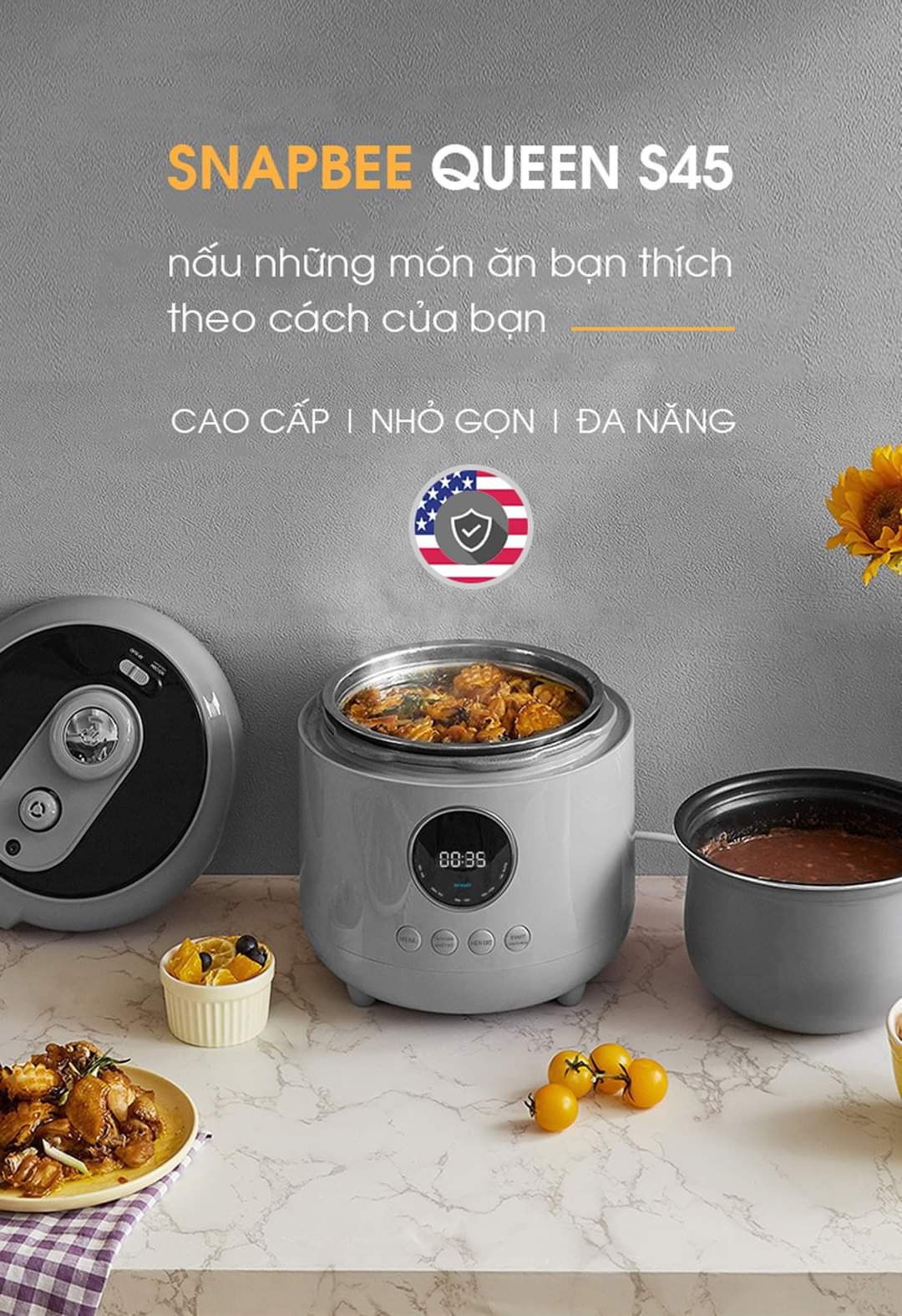 Nồi Áp Suất SNAPBEE Queen S45 Màu Xám Dung Tích 4.5lit 2 Lồng Nồi  [HÀNG CHÍNH HÃNG]