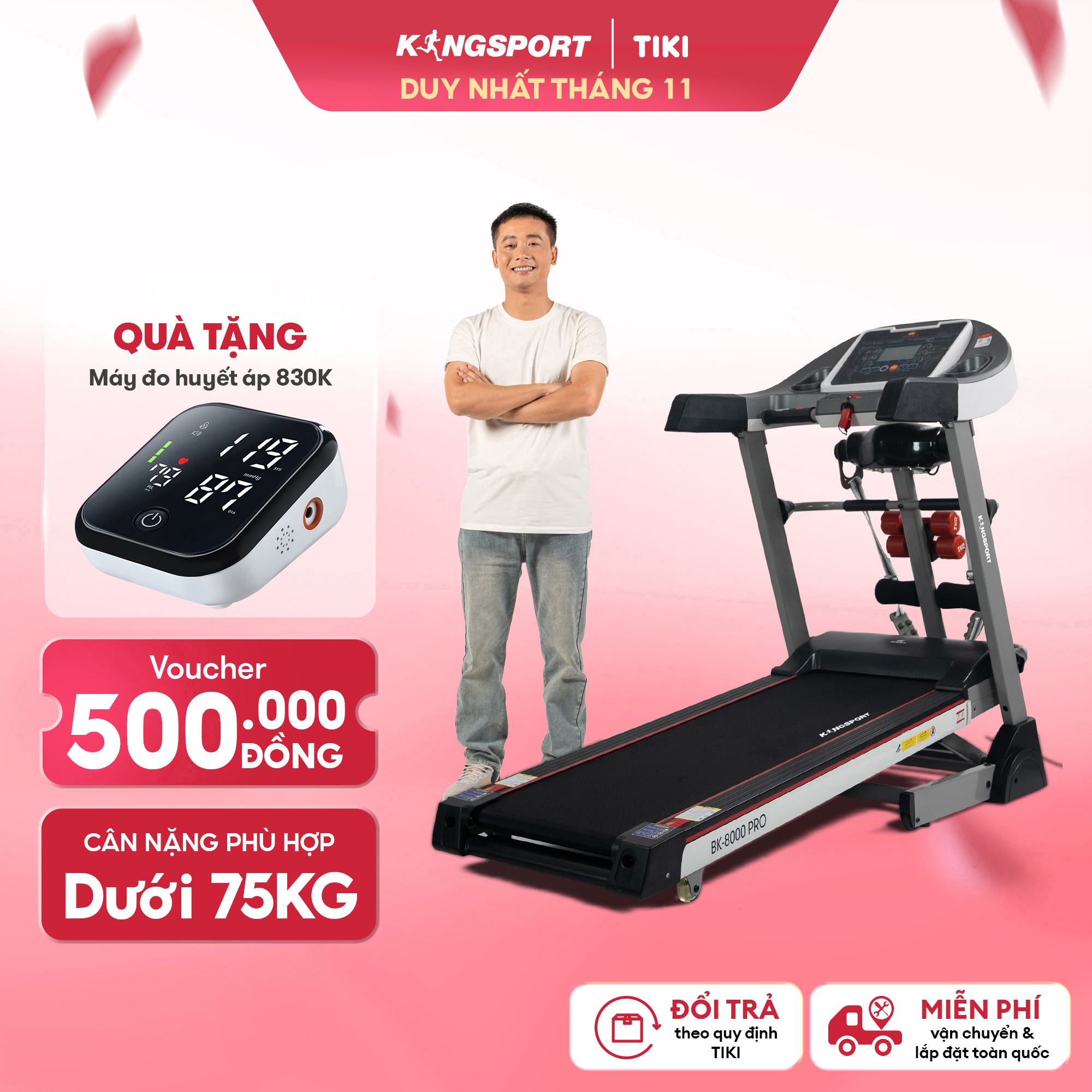 Máy chạy bộ KINGSPORT BK-8000 Pro đa năng, nâng dốc tự động 18%, tốc độ tối đa 14khm/h, kèm đai massage và thanh gập bụng, cân nặng phù hợp từ dưới 75kg