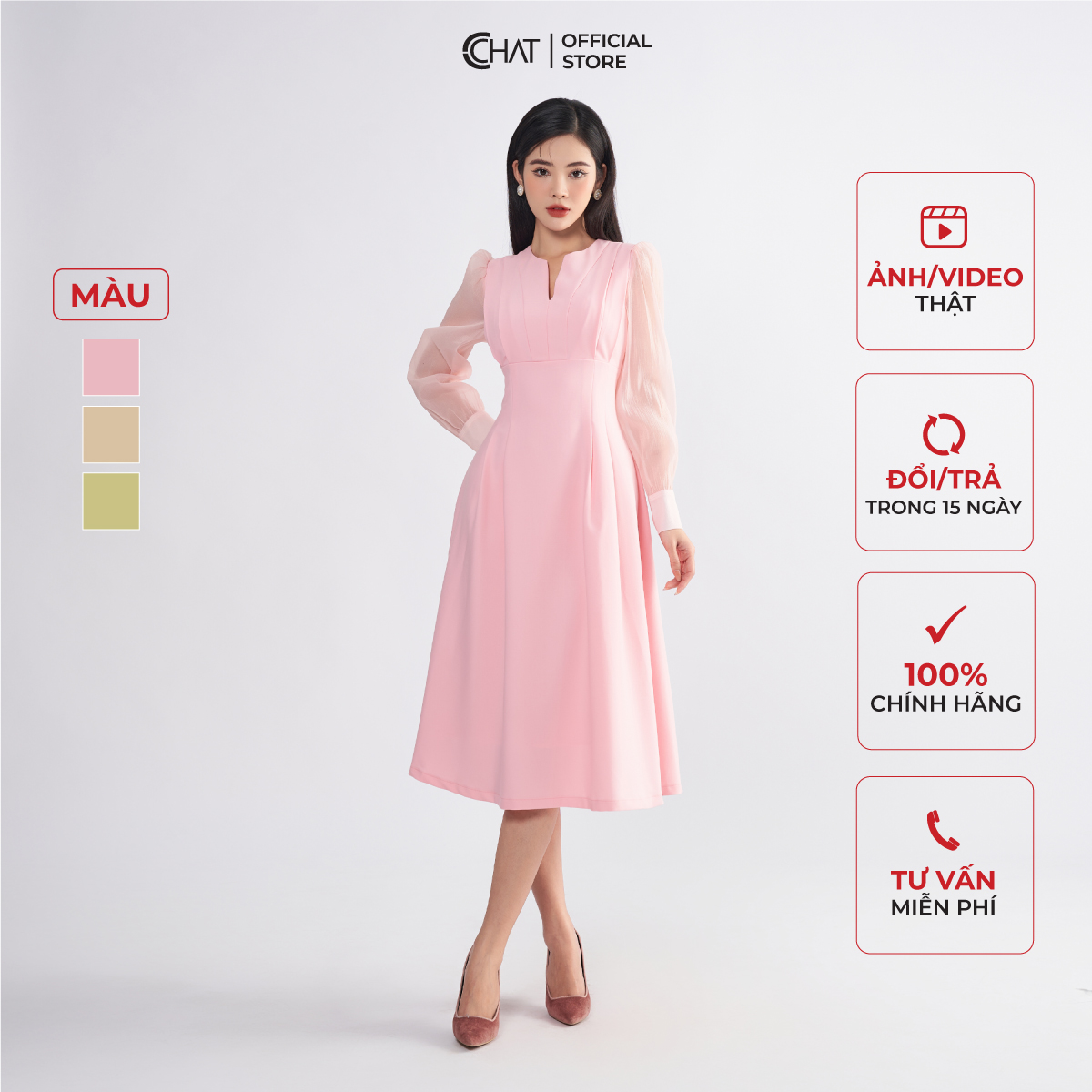 Đầm Nữ Cổ V Ly Chiết Xếp Chặn Dáng Xòe Chất Tuytsi Mềm Mịn 22VDS8027XT