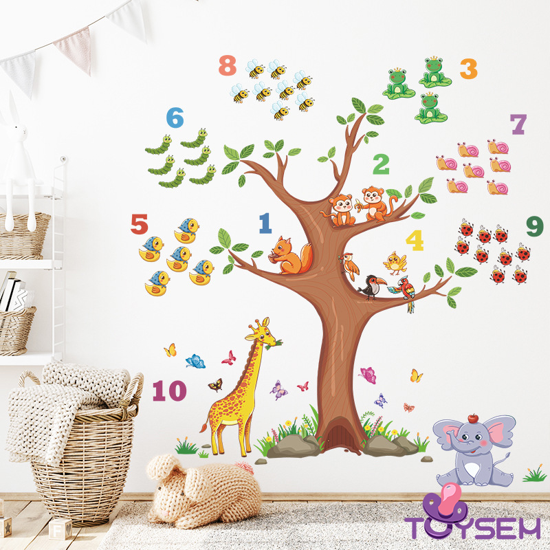 Decal trang trí dán tường cho bé tập đếm số và hình thú rừng, Giấy dán tường trang trí phòng cho bé, Decal trang trí nhà cửa