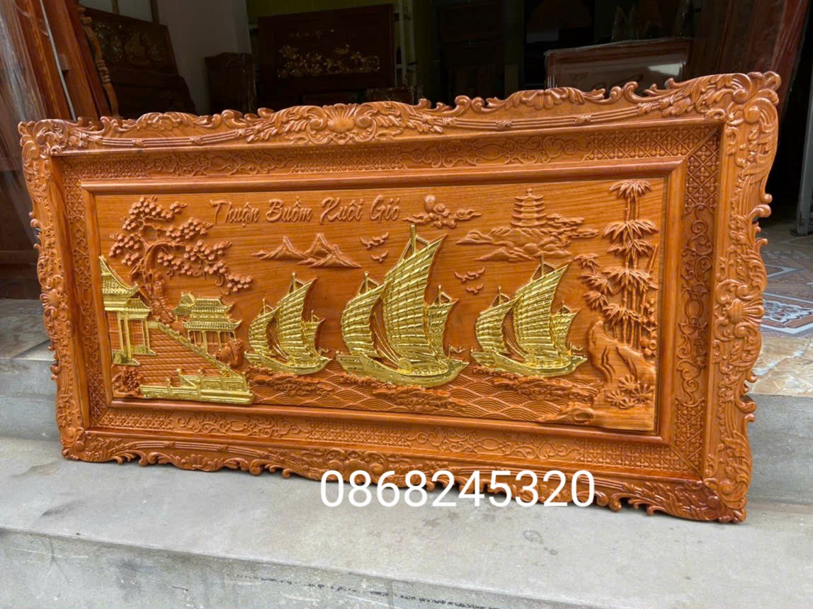 Tranh thuận buồm xuôi gió bằng gỗ gõ pu dát vàng cao cấp kt 67×127×4cm